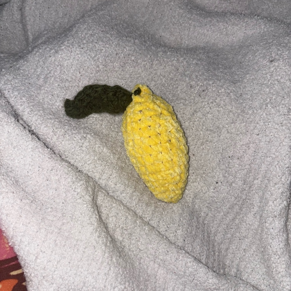 Yellow and green crochet lemon plush made by me!